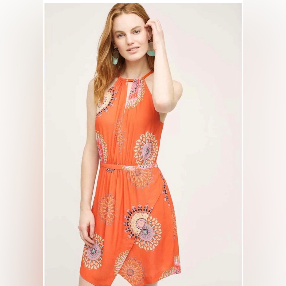 Anthropologie Floret Orange Livia Halter Mini Dress Size 2